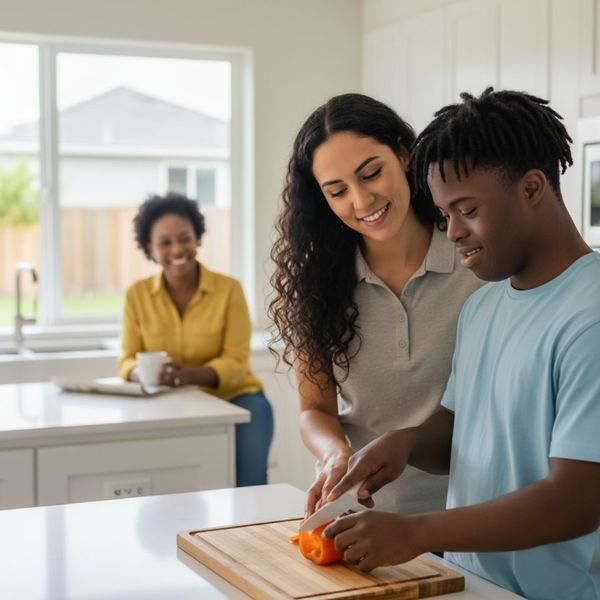 caregiver helping boy with disability cut food while smiling mom watches