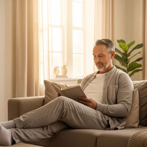 A caregiver finding a moment of peace and respite in a calm, sunlit room. A caregiver finding a moment of peace and respite in a calm, sunlit room.