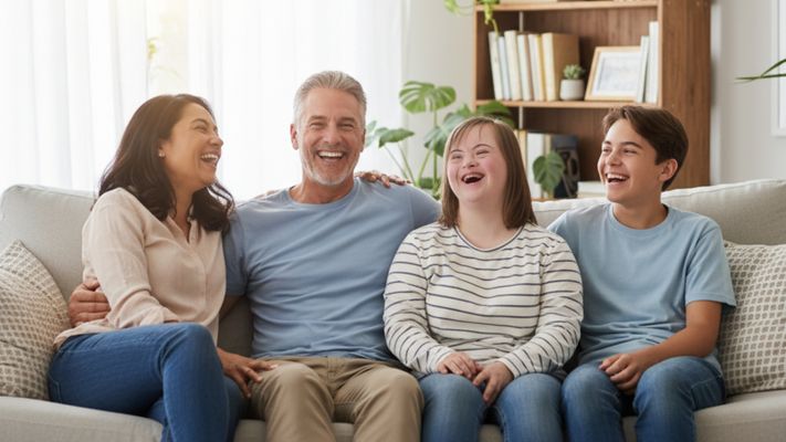Family laughing together in a sunlit living room
