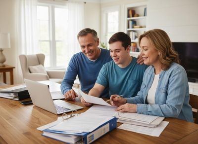 A smiling mother, father, and teenage son review documents and a laptop at a table, discussing finances or important paperwork at home. Family reviewing documents and finances at home