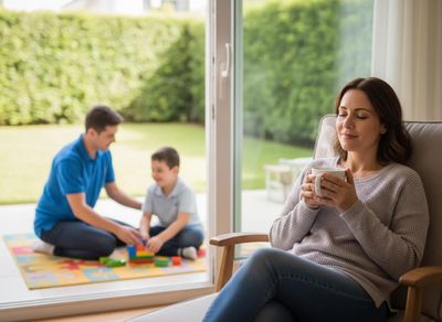 A woman relaxes with a hot drink indoors as a father and son play with colorful building blocks outside through a glass door. Woman relaxing indoors while family plays outside