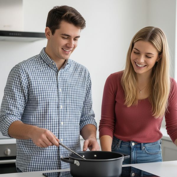 Young adult happily learning to cook with a supportive helper Young adult happily learning to cook with a supportive helper