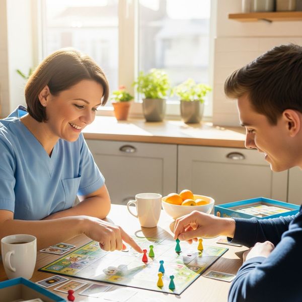 Caregiver at home with client playing games