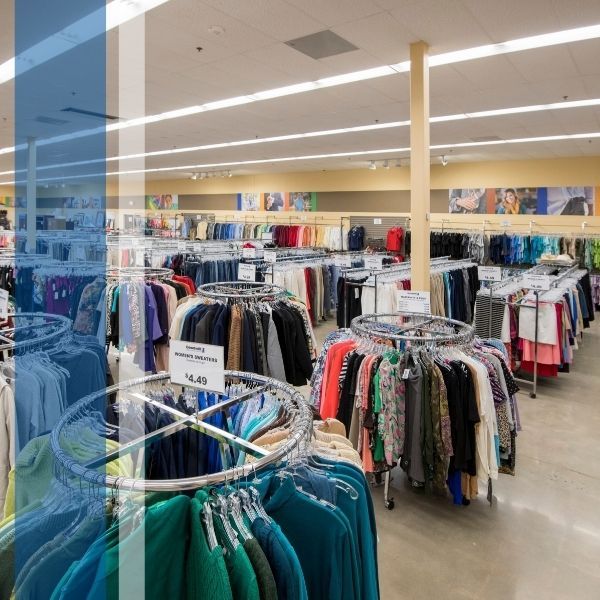 Clothing racks in a Goodwill store