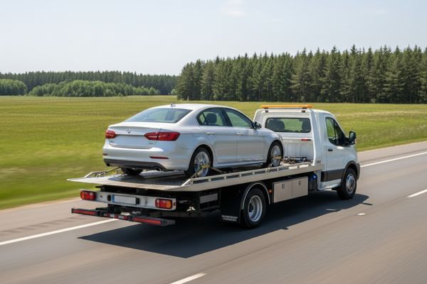 Flatbed tow truck transporting a car on an open road.