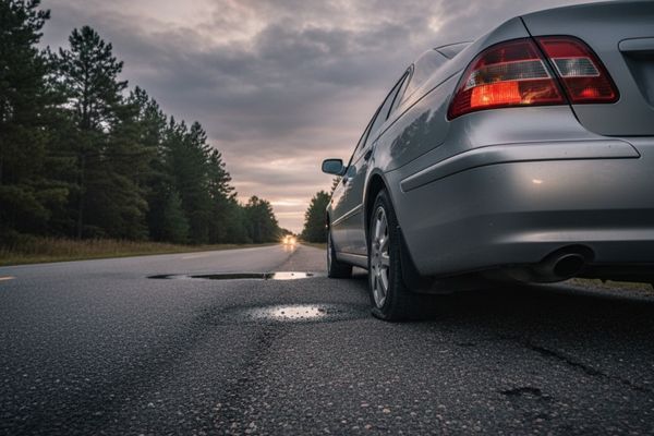 A car with a visible flat tire on the roadside.