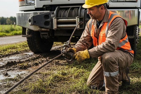 Technician inspecting a winch cable and hook for recovery.