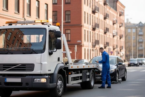 Flatbed tow truck hooking up a car on a city street.