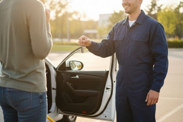 Technician handing car keys back to a relieved customer.