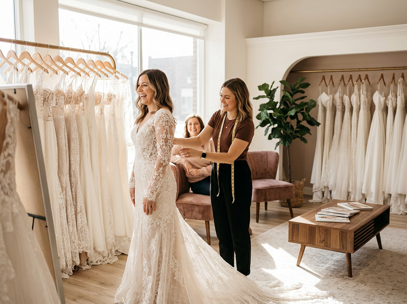 A happy bride-to-be tries on a long-sleeved lace wedding gown in a boutique, while a consultant adjusts the dress. Another woman watches. Bride trying on wedding dress with consultant in a bridal shop
