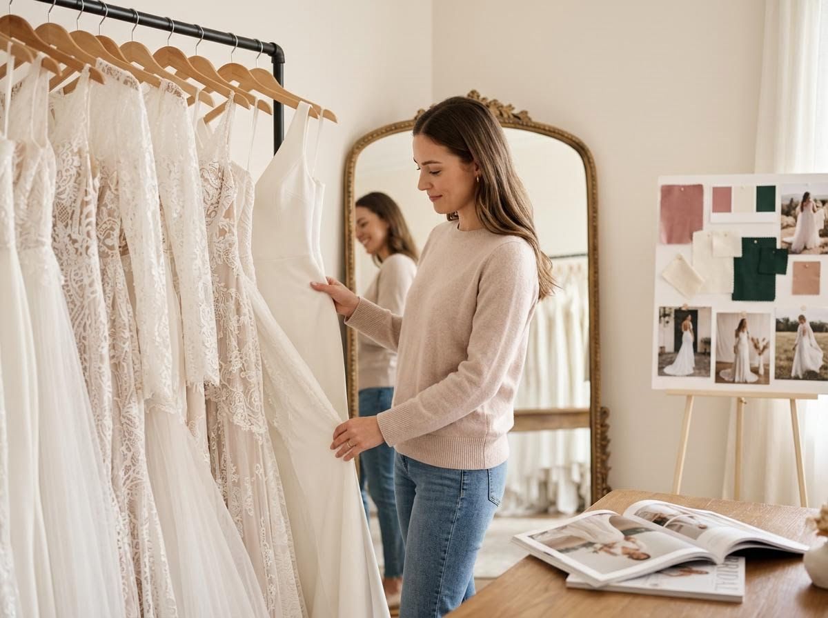 Woman Shopping for Wedding Dresses in Bridal Boutique