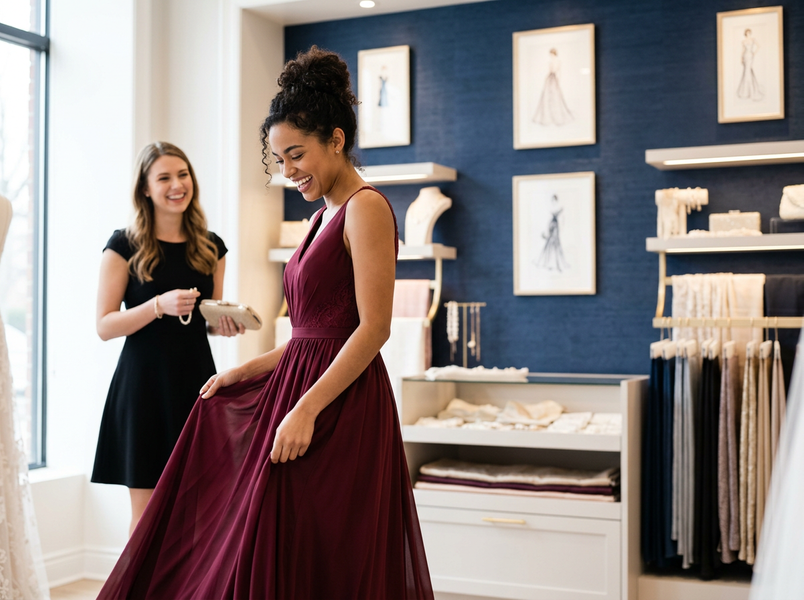 Woman trying on a maroon formal dress in a boutique