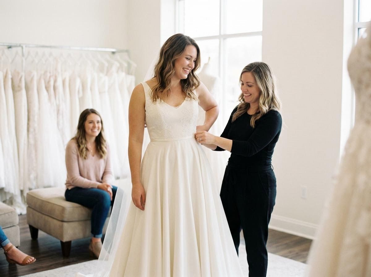 Bride-to-be tries on wedding dress with consultant