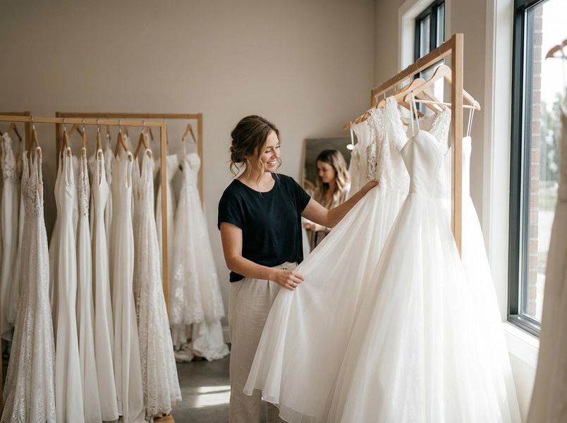 A smiling woman in a black shirt and light pants gently touches a white wedding dress on a rack, surrounded by many other gowns in a bright boutique. Woman examining a wedding dress in a bridal boutique