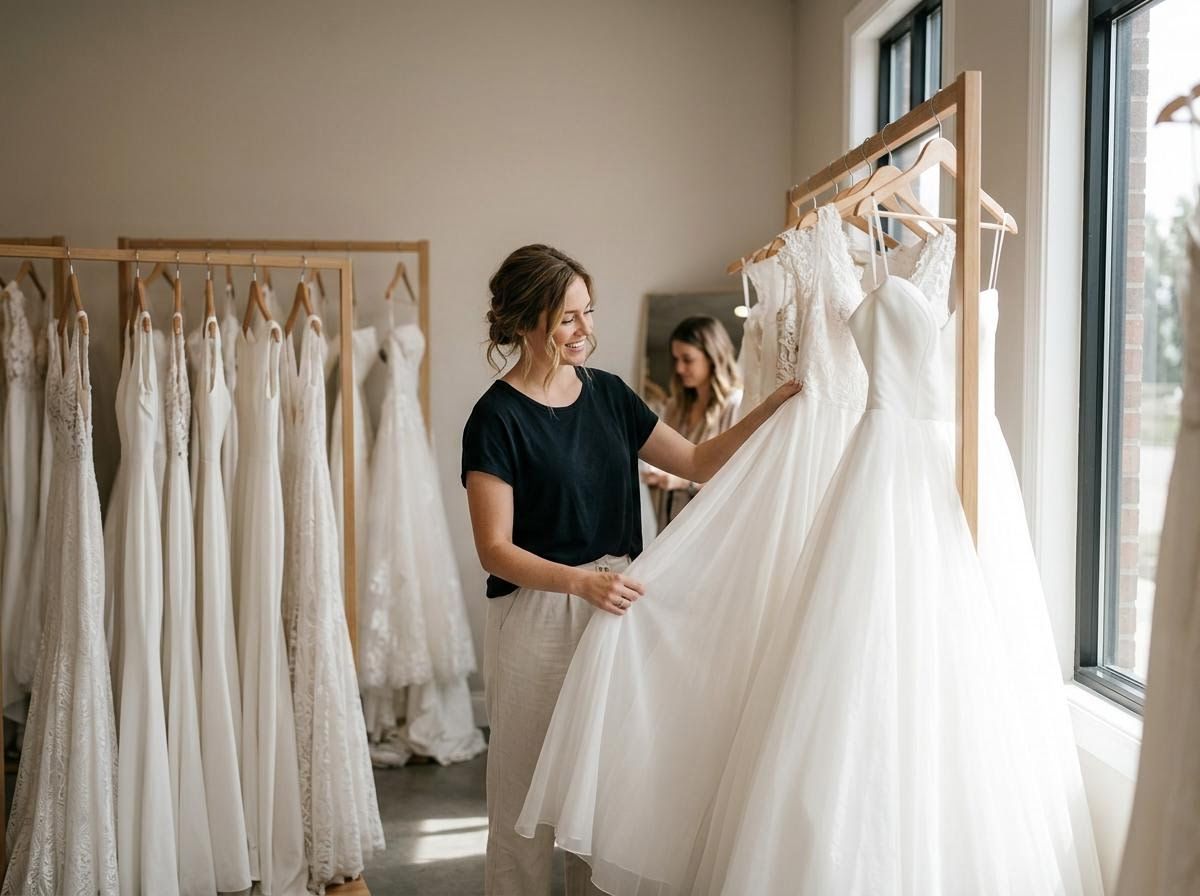 Woman examining a wedding dress in a bridal boutique