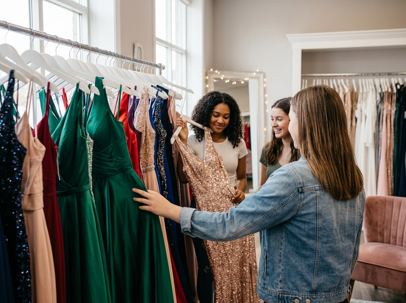 Three happy friends browse racks of colorful formal dresses in a boutique. One holds up a rose gold sequined gown, another touches a green dress. Friends Shopping for Formal Dresses