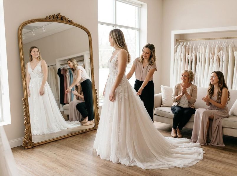 A smiling bride-to-be in a white lace wedding dress looks in a large gold mirror. A consultant helps with the dress, while two women joyfully clap on a couch. Bride Trying on Wedding Dress in Bridal Salon
