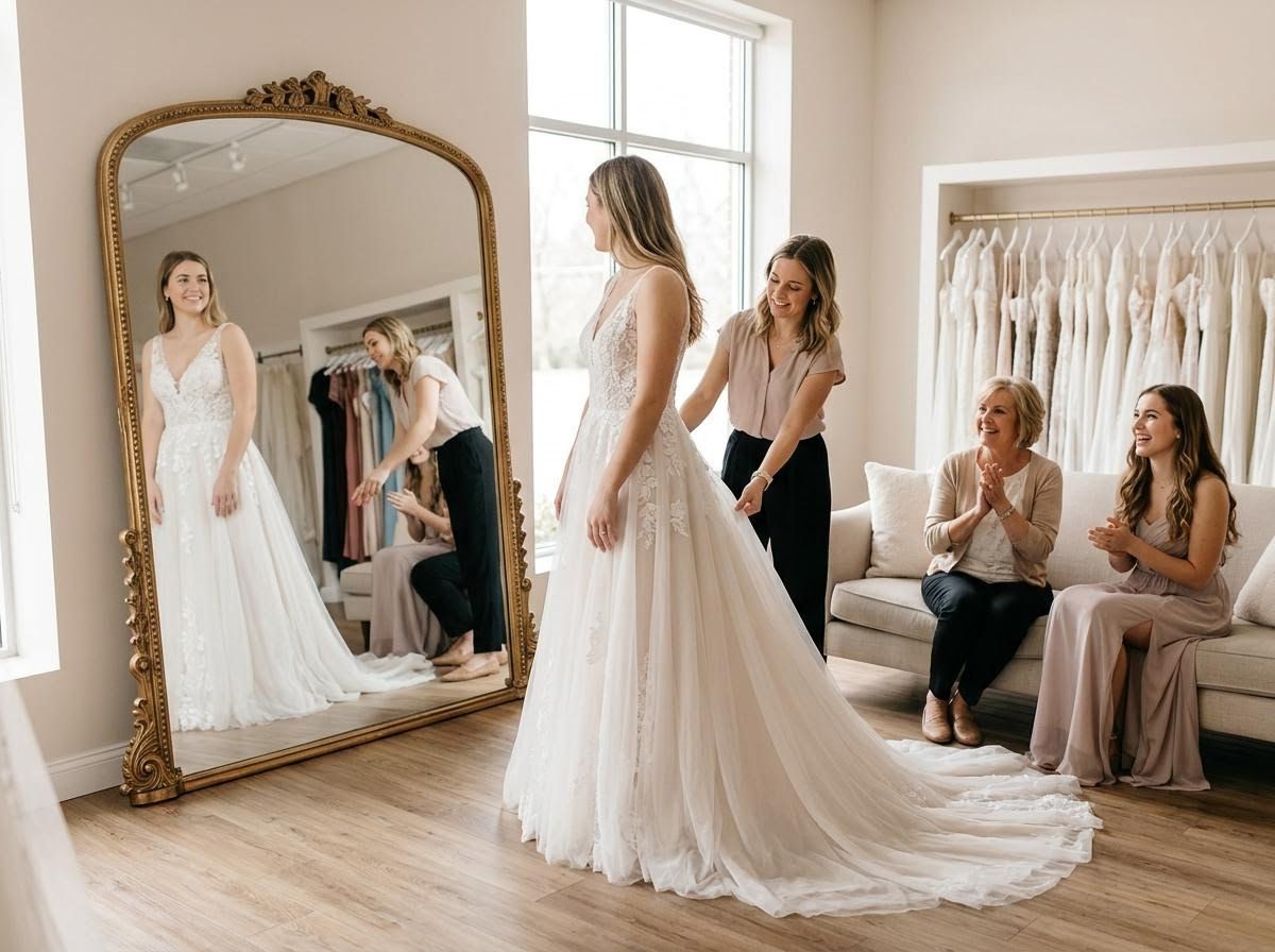 Bride Trying on Wedding Dress in Bridal Salon