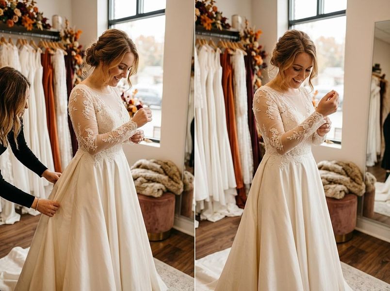 A smiling bride-to-be adjusts her cuff while an assistant helps with the skirt of her elegant lace wedding gown in a boutique. Bride trying on long-sleeved lace wedding dress