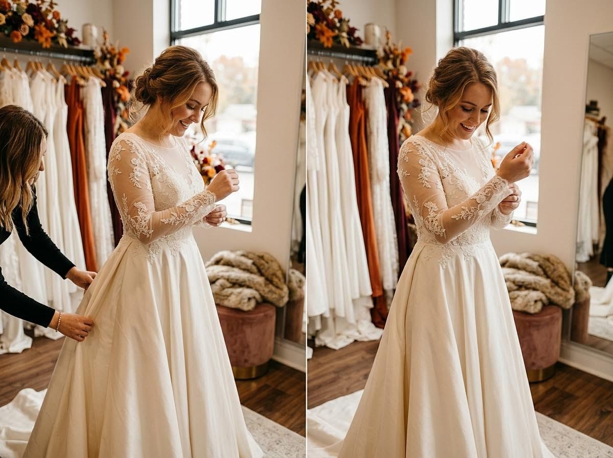 Bride trying on long-sleeved lace wedding dress