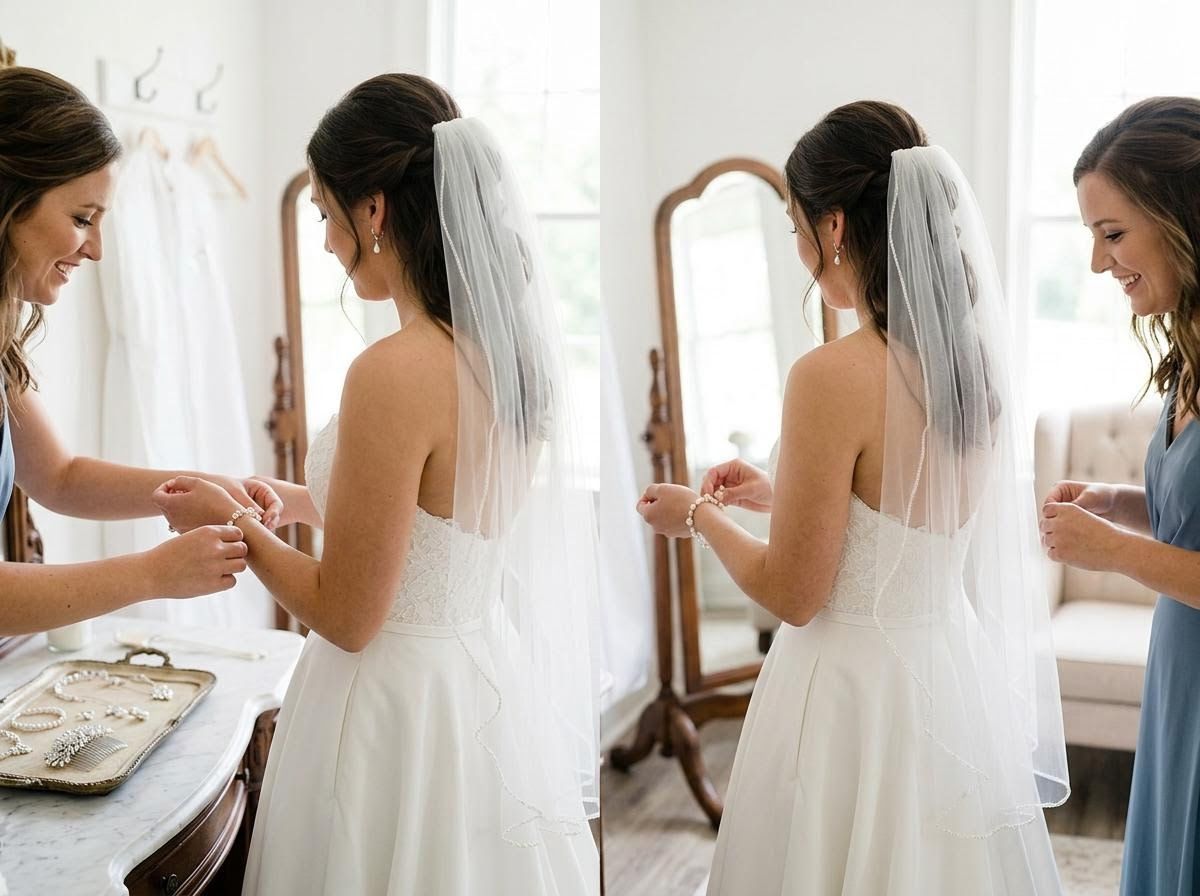 Bridesmaid helping bride put on a pearl bracelet