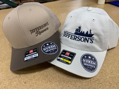 Two baseball hats with embroidered logo design 8737-Jefferson Bourbon Hats.jpeg