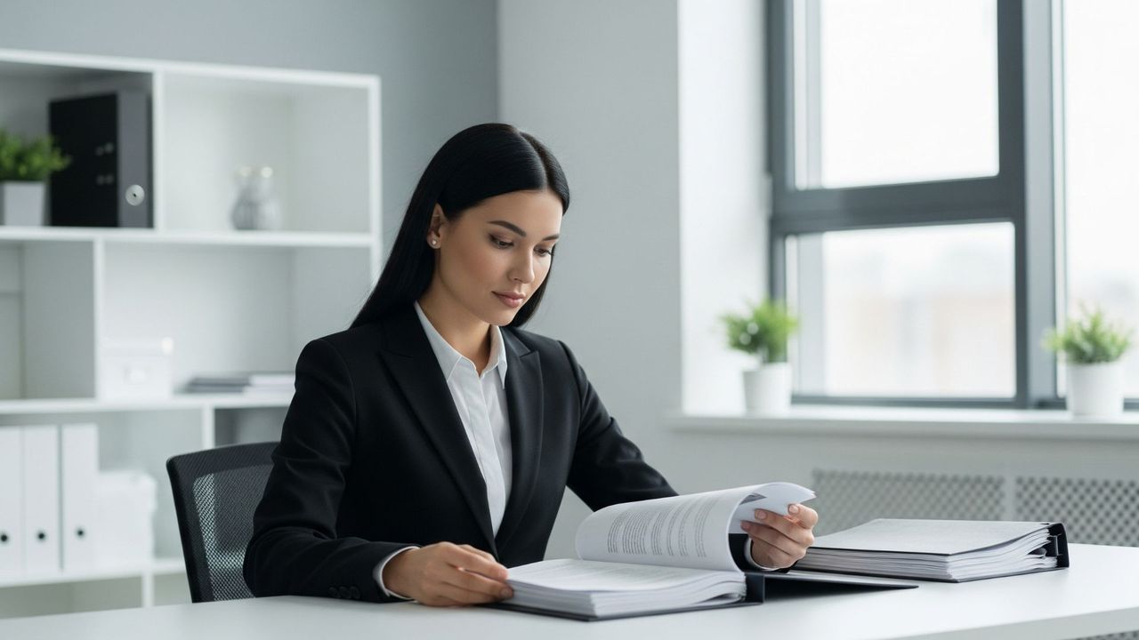 A professional private investigator reviewing documents