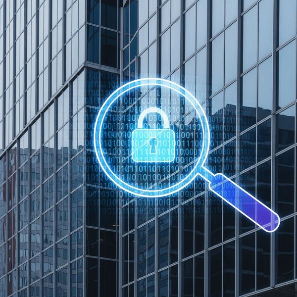 building with magnifying glass icon