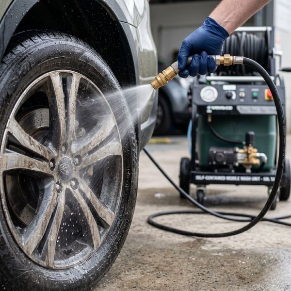 Self-contained mobile detailing equipment being used to wash a car without a hose.
