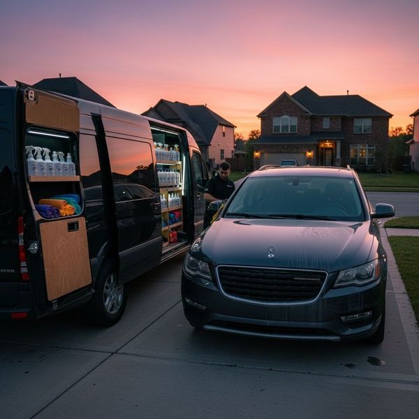 A mobile detailing van with organized shelves of supplies parked on a suburban driveway at sunset next to a car that is being cleaned.