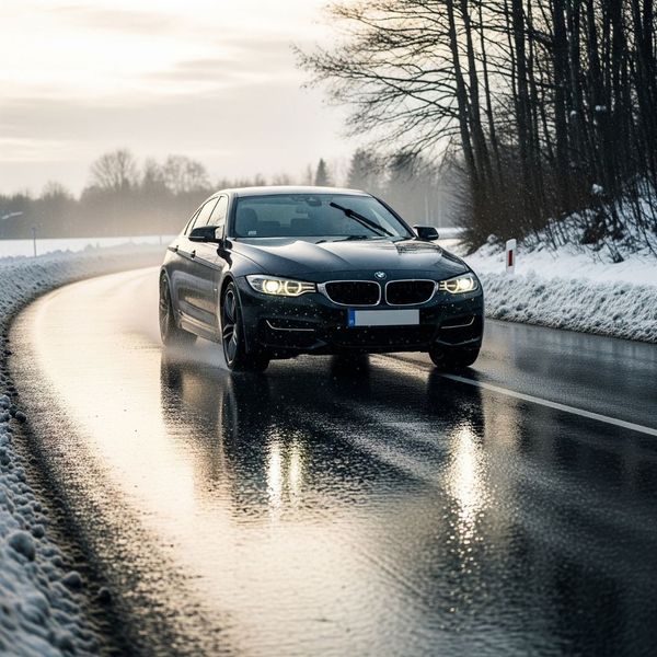 A clean car's paint repels water on a wet road in winter. A clean car's paint repels water on a wet road in winter.