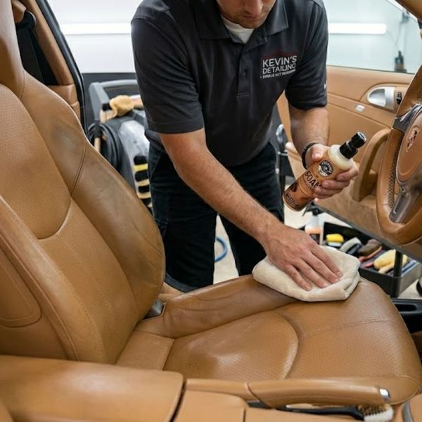 man wiping down leather car seats