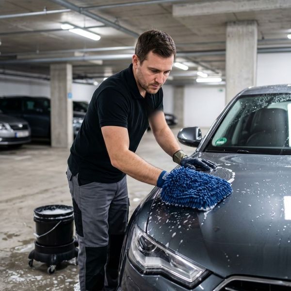 Professional mobile auto car wash being performed in a residential parking garage.