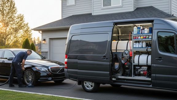Professional mobile auto detailing van parked at a home. No logos or text should be visible Professional mobile auto detailing van parked at a home. No logos or text should be visible