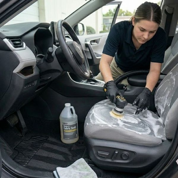 woman shampooing car seat