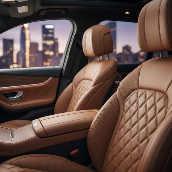 The luxurious interior of a modern car featuring pristine, quilted tan leather seats and wood-grain trim, with a city skyline visible through the window at twilight.