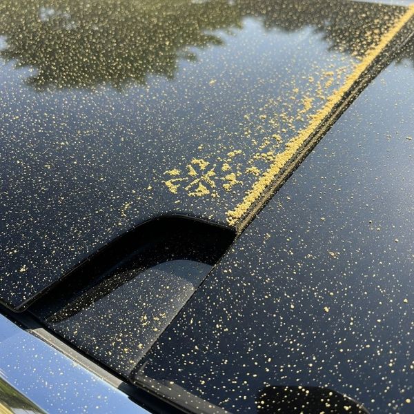 A light layer of yellow spring pollen sits on top of a car's protected paint. A light layer of yellow spring pollen sits on top of a car's protected paint.