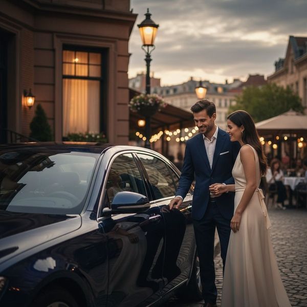 A smiling man in a navy suit opening the door of a polished black car for a woman in an elegant cream dress during an evening out in a city.
