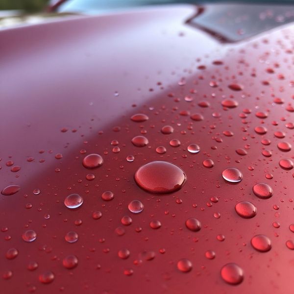 Water beads up on the hood of a shiny red car, showing its protective wax coating. Water beads up on the hood of a shiny red car, showing its protective wax coating.