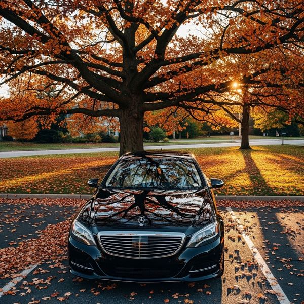 Colorful autumn leaves rest on the clean, waxed hood of a dark car. Colorful autumn leaves rest on the clean, waxed hood of a dark car.