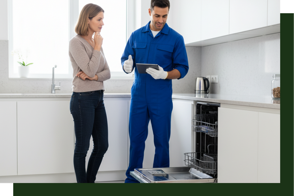 technician and homeowner talking about dishwasher repairs