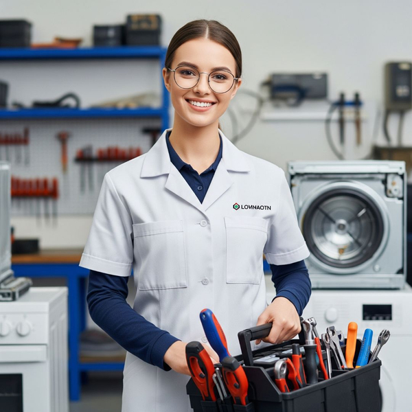 A smiling and professional appliance repair expert holding a toolbox, ready to help