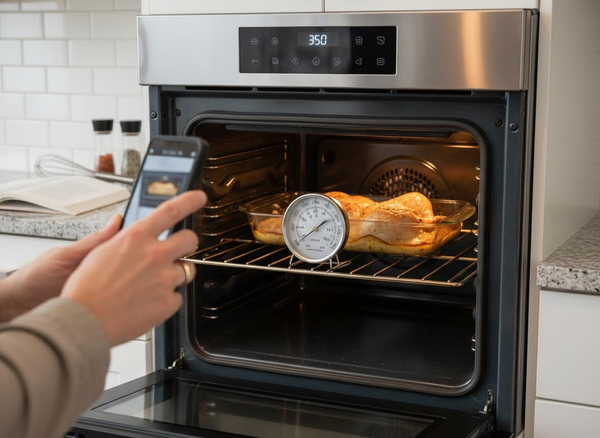 Person photographing baking chicken with smartphone in oven
