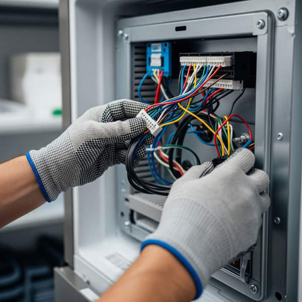 A trained technician safely inspecting the complex electrical components of a refrigerator