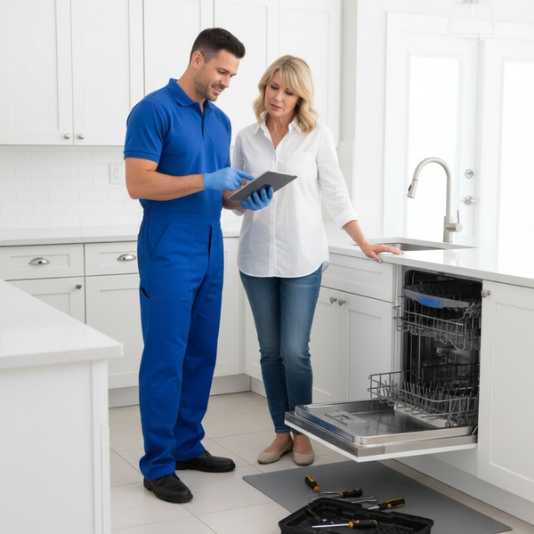 technician talking to a homeowner about dishwasher repair pricing