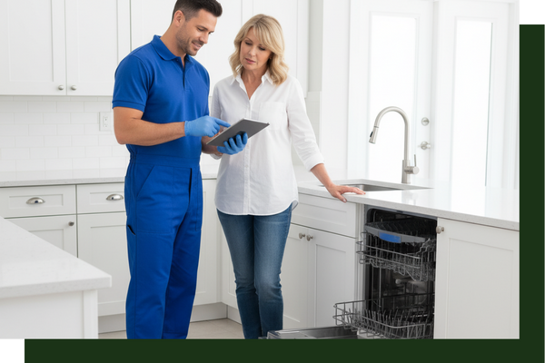 technician talking to a homeowner about necessary dishwasher repairs