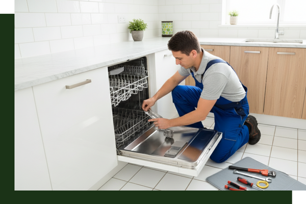 technician diagnosing and repairing a home dishwasher