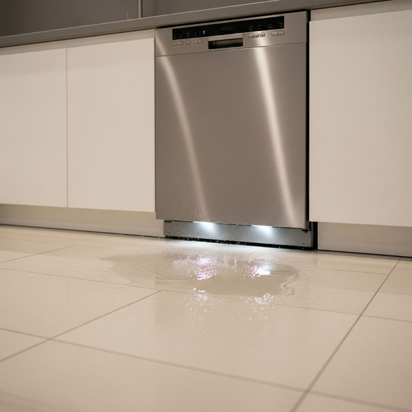 A small puddle of water on the floor in front of a closed dishwasher