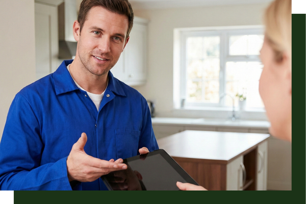 repair person showing tablet/quote to customer