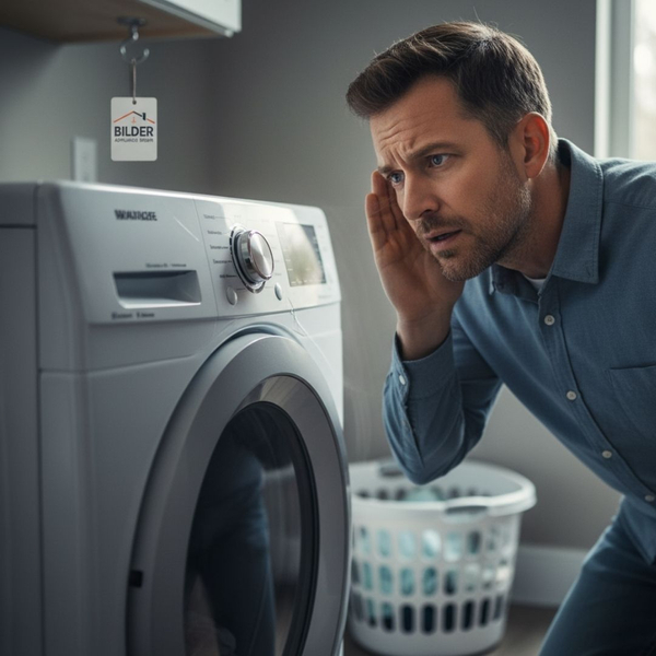 man listening to strange dryer noises